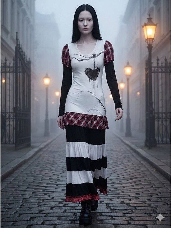 Nuvula Dresses & Skirts - Nuvula Drop Waist Maxi Dress Medium Striped Plaid Dark Cabaret Goth Cello Art